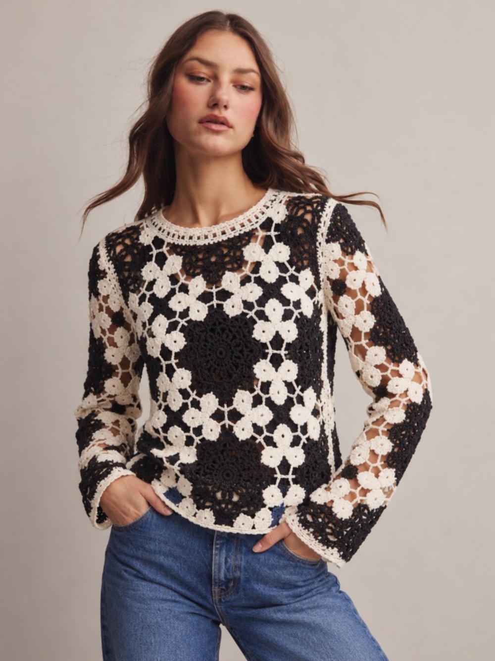 Cloth by Design Black Cream Floral Crochet Cropped Sweater Boho Open Knit Sz M